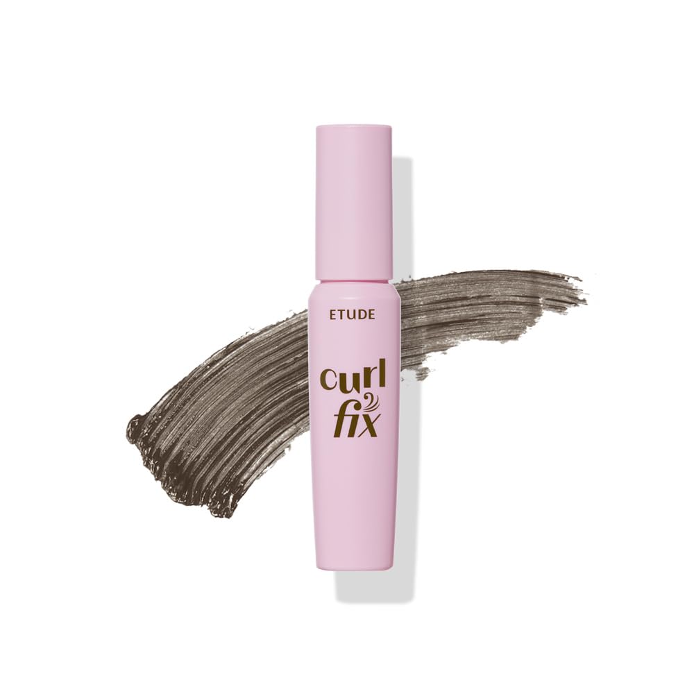 ETUDE front packaging of Curl Fix Mascara Mini showing compact tube and brown shade benefit