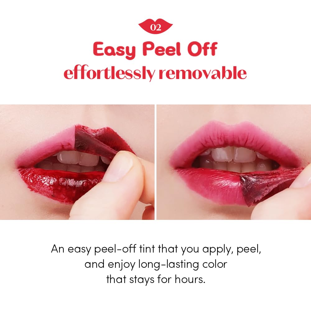 ETUDE peel‑off action demonstrates easy removal and durable lip stain result
