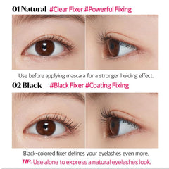 ETUDE Dr. Mascara Fixer applied on lashes showing curl retention and defined separation benefit