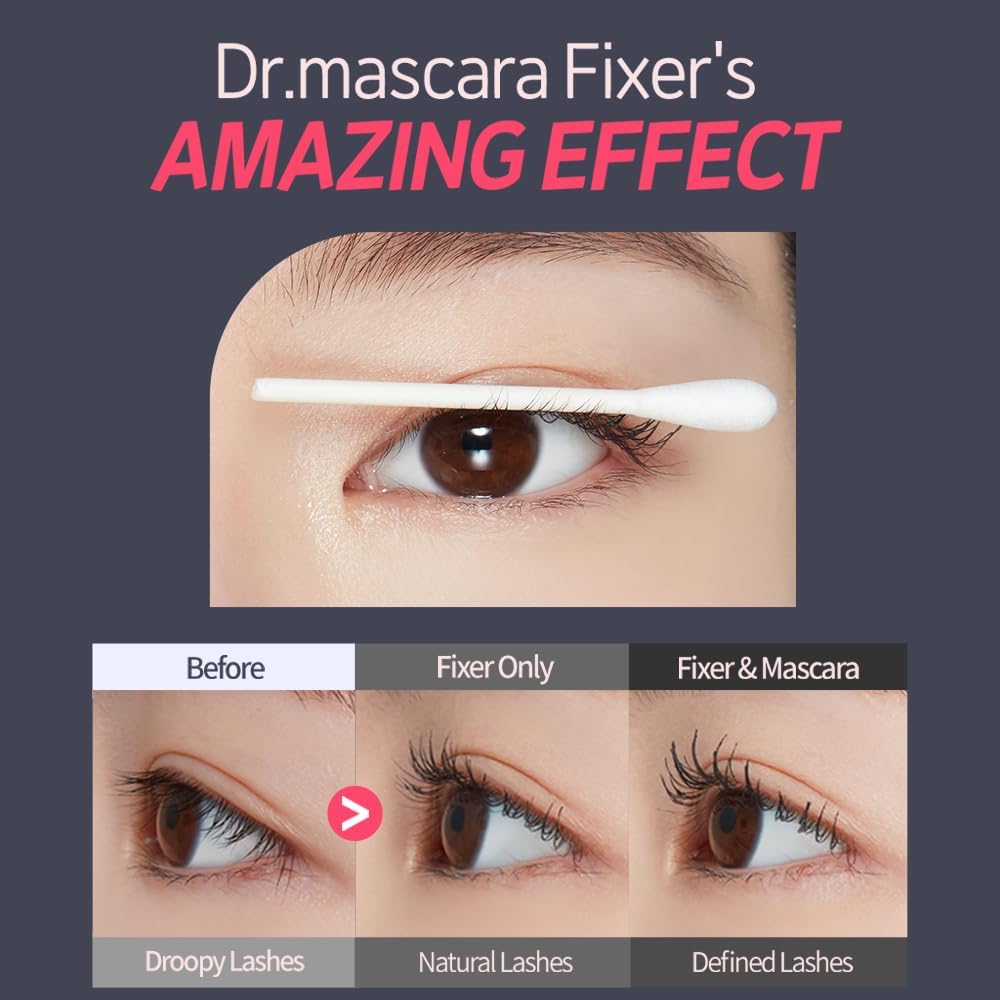 ETUDE Dr. Mascara Fixer before and after lashes comparison showing reduced smudging benefit