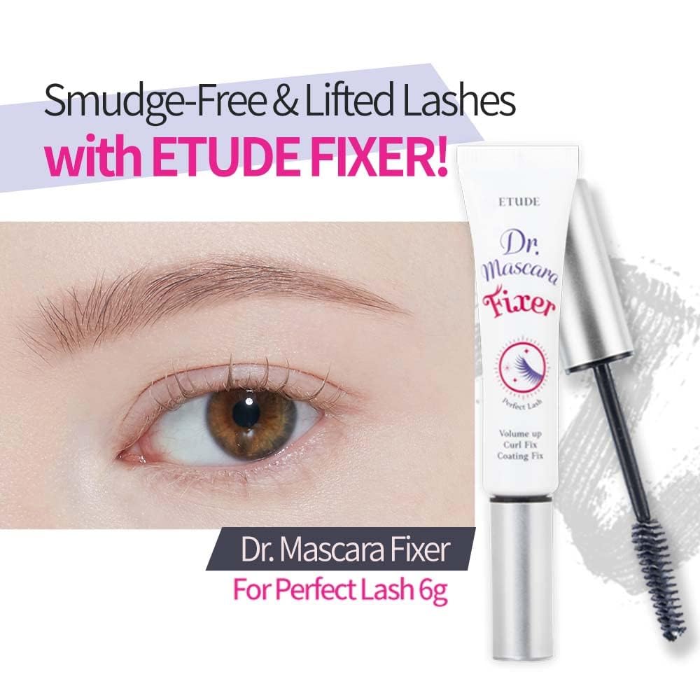 ETUDE Dr. Mascara Fixer ingredient label showing vegan-tested formulation benefit