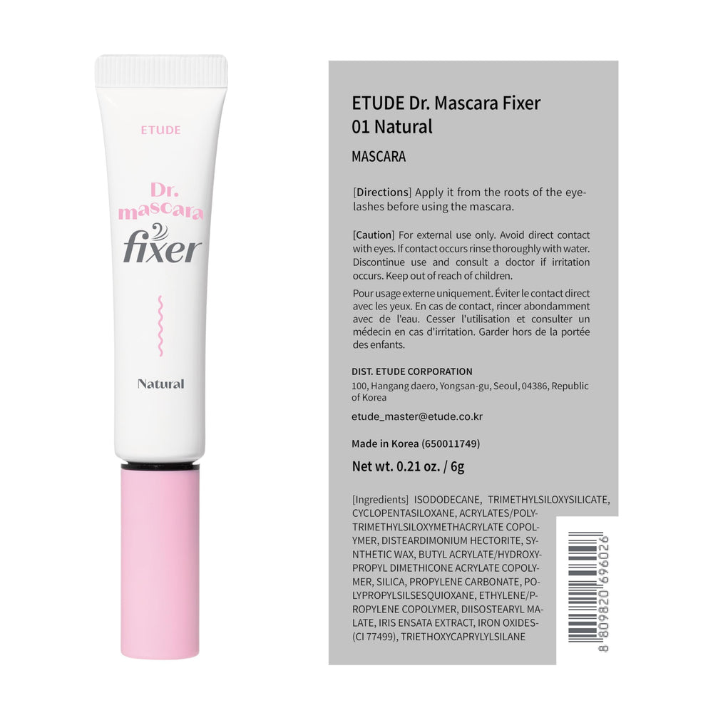 ETUDE Dr. Mascara Fixer on bathroom vanity with mirror showing easy daily-use integration benefit