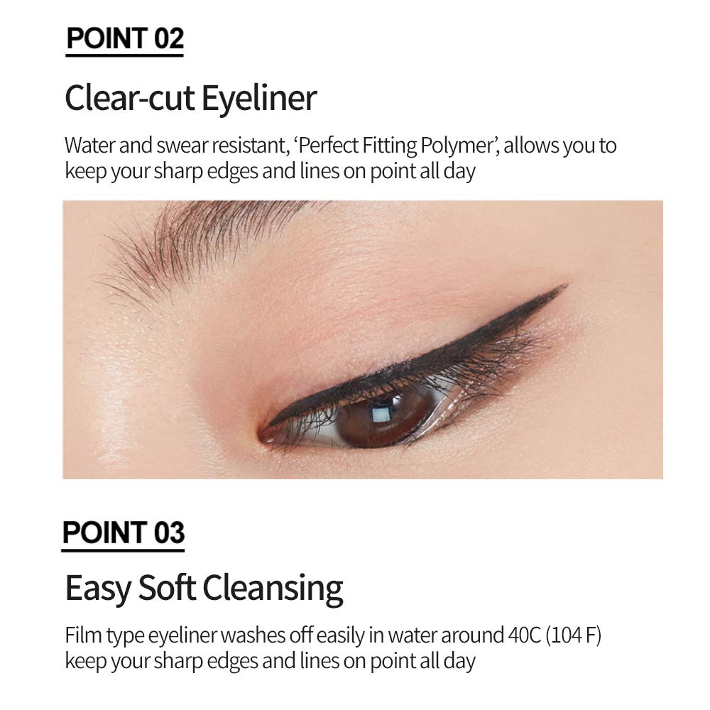 ETUDE applying eyeliner on eye demonstrates crisp wing and steady application benefit
