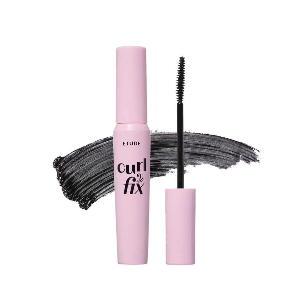 ETUDE front packaging of Curl Fix Mascara Mini showing compact tube benefit portability