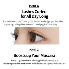 ETUDE mascara on model demonstrating lifted, glossy lashes benefit