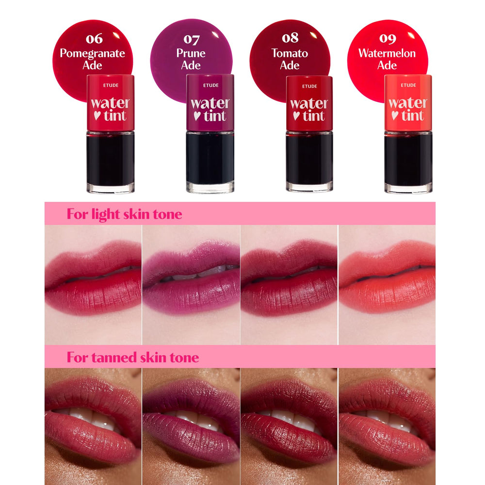 ETUDE model wearing Pomegranate Ade on lips, natural hydrated finish