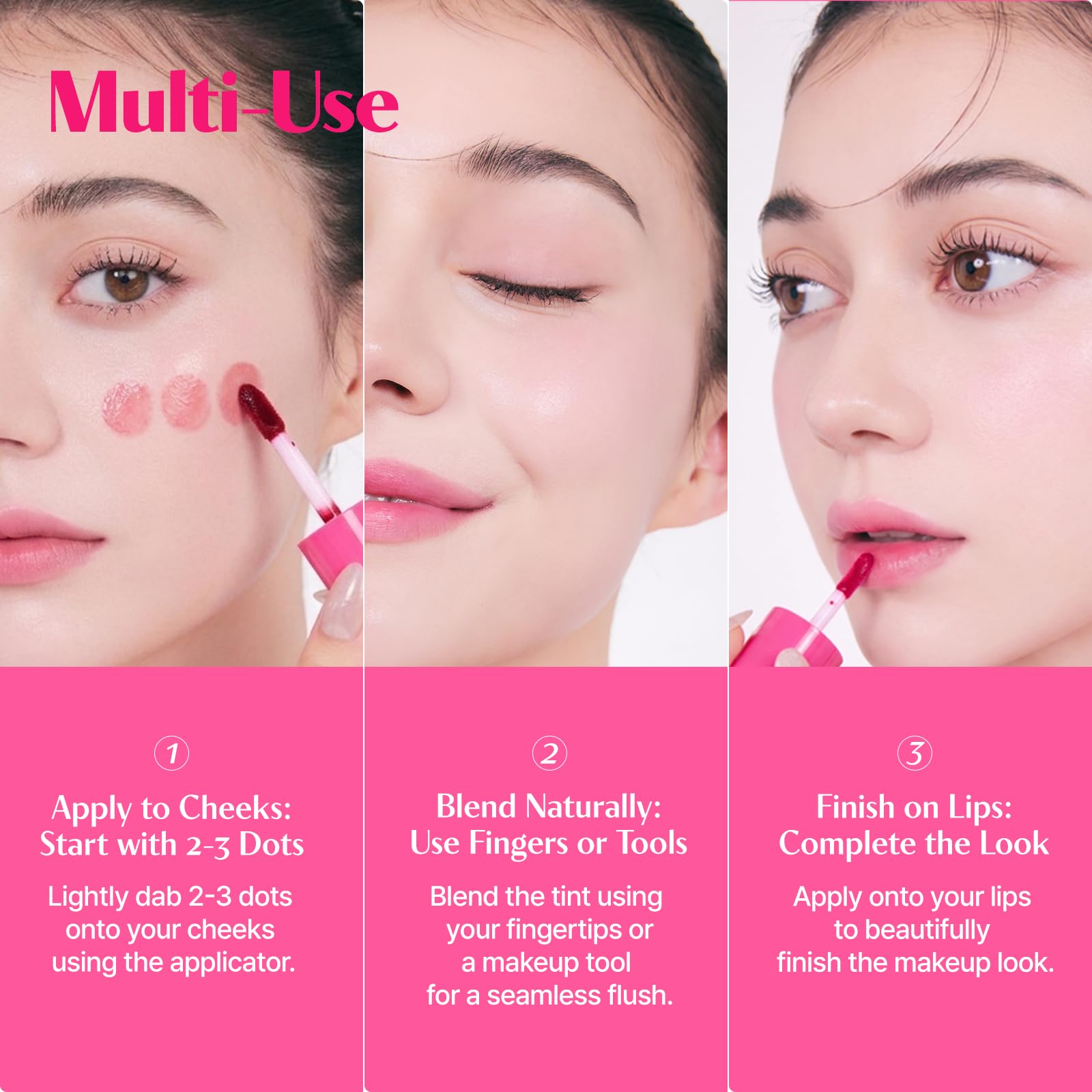 ETUDE cheek application showing flushed finish and dewy look benefit