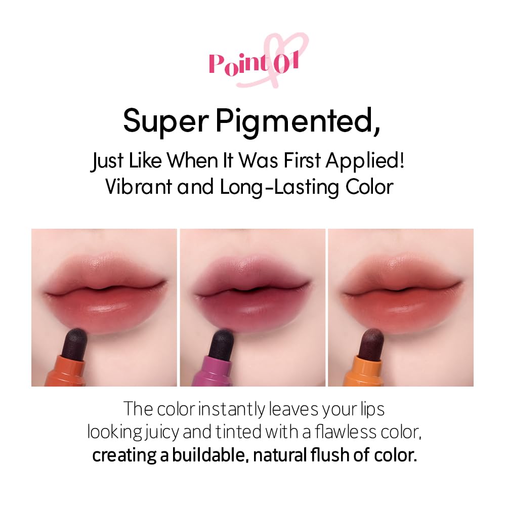 ETUDE swatch on lips showing Sweet Cinnamon rich pigment