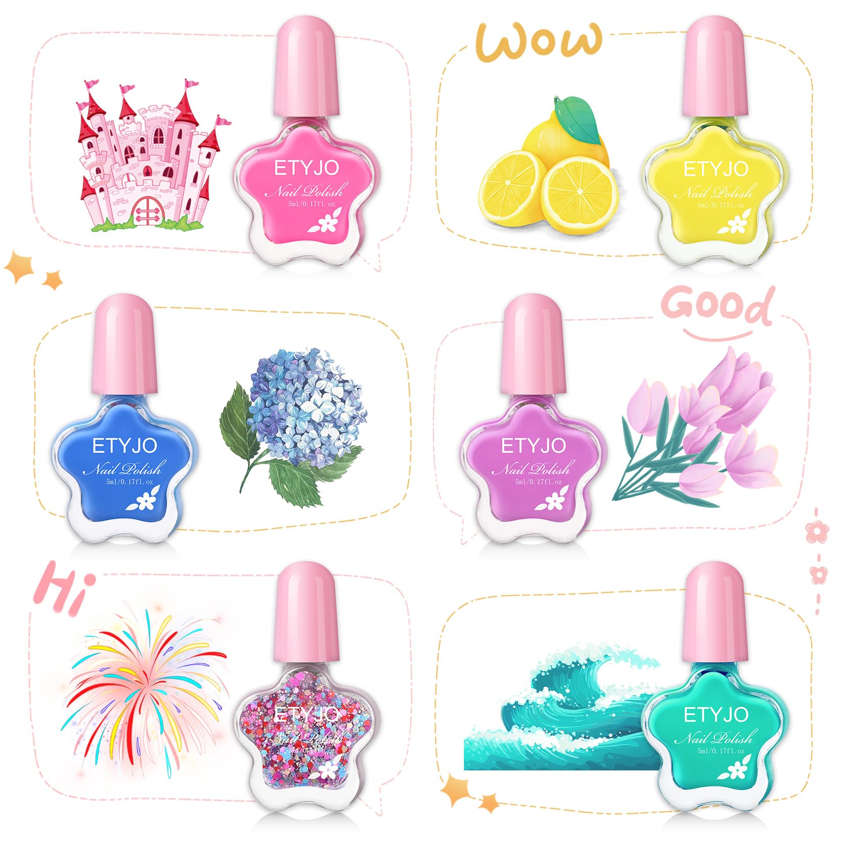 ETYJO open kit with six rainbow polish bottles displayed neatly