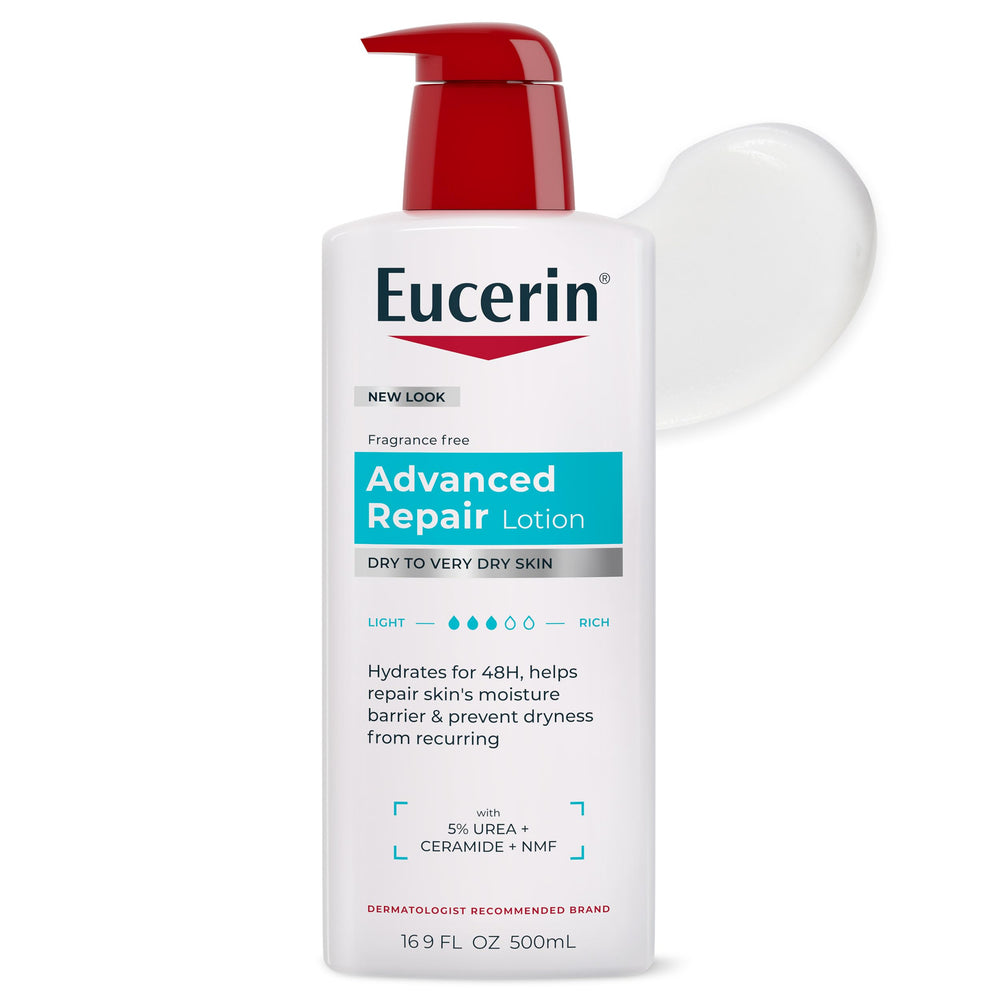 Eucerin front bottle view showing brand and unscented pump — clear hydration benefit
