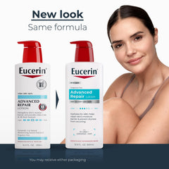 Eucerin bottle pump dispensing lotion into palm for easy daily use and convenience