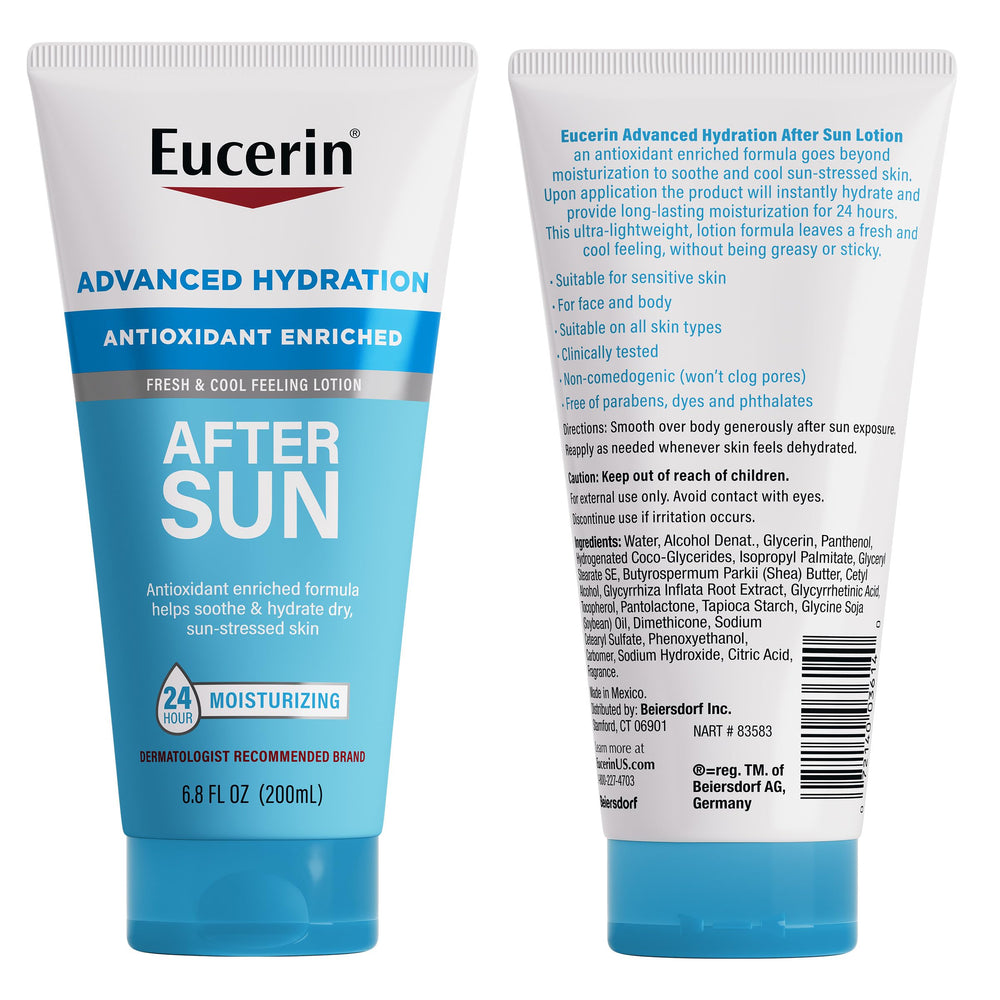 Eucerin after sun in beach scene conveying post-sun care and skin comfort