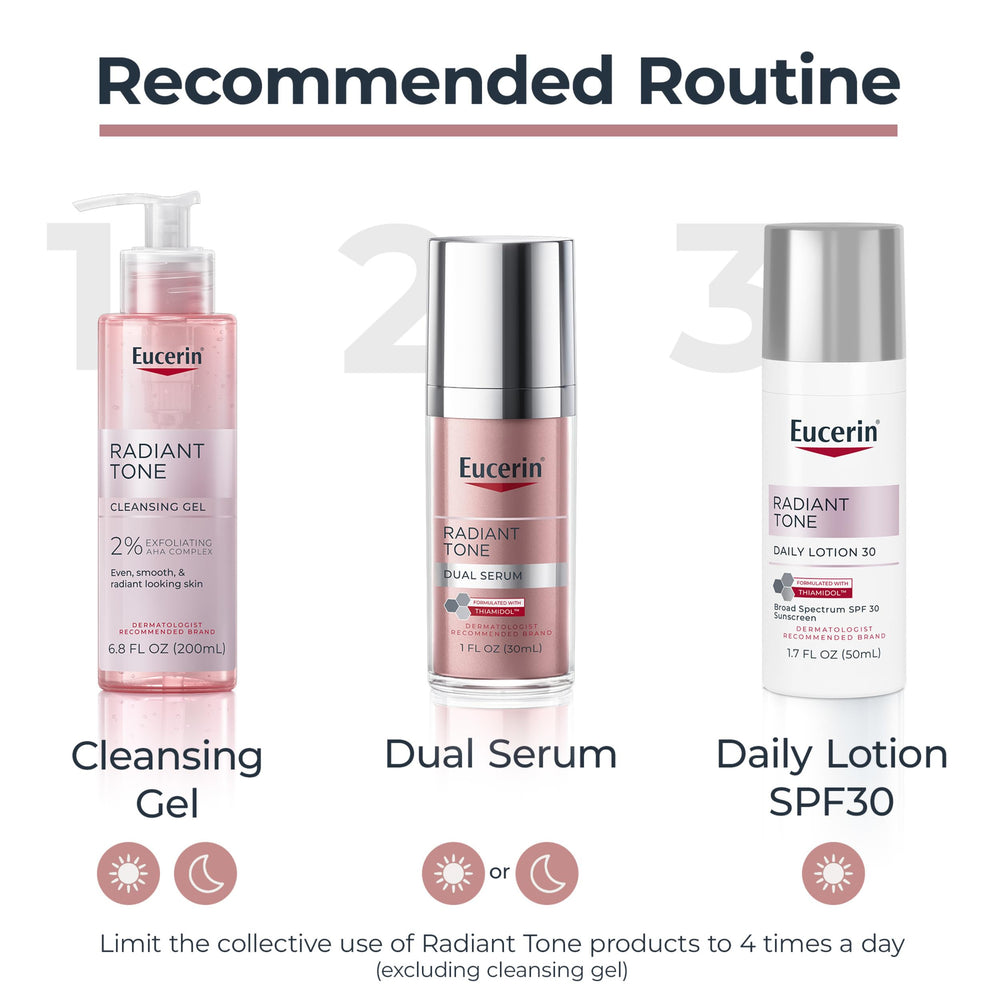 Eucerin on bathroom vanity suggesting morning skincare routine