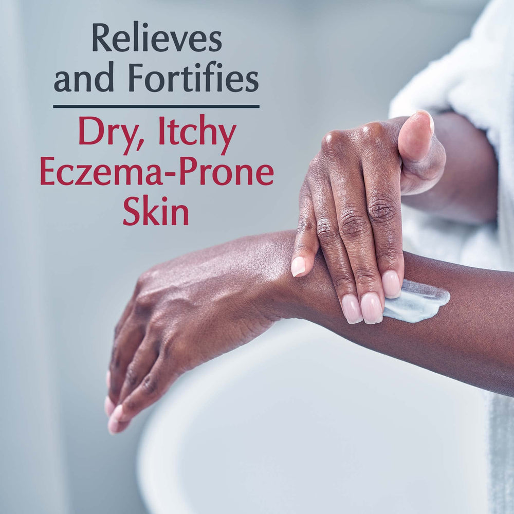 Eucerin cream being applied to a hand, demonstrating soothing hydration benefit