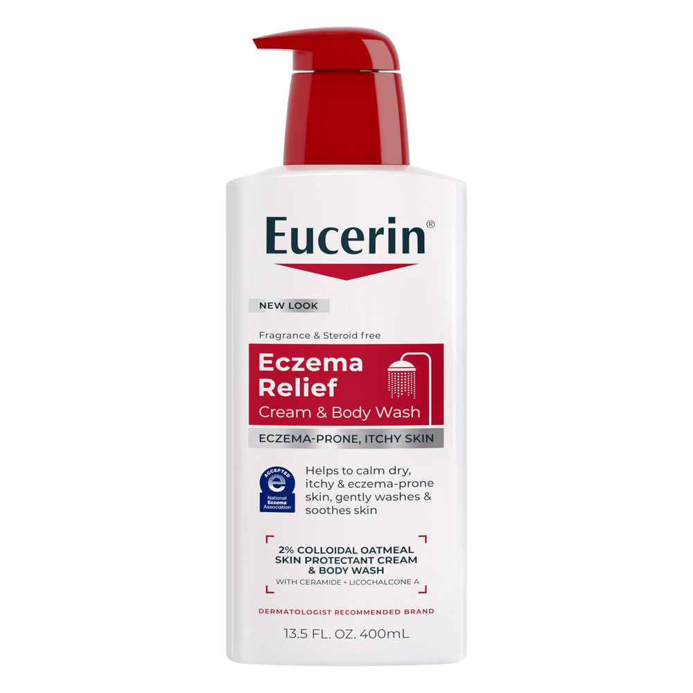 Eucerin bottle front view showing label and size for eczema relief
