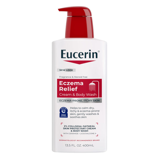 Eucerin bottle front view showing label and size for eczema relief