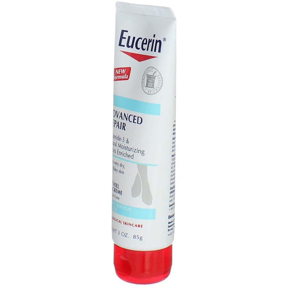 Eucerin tube beside ruler illustrating 3 oz size and easy portability benefit