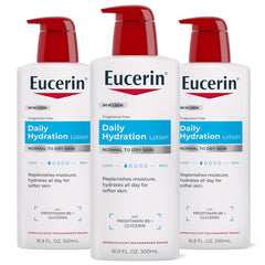 Eucerin front of bottle pump shows clear label and easy dispensing benefit