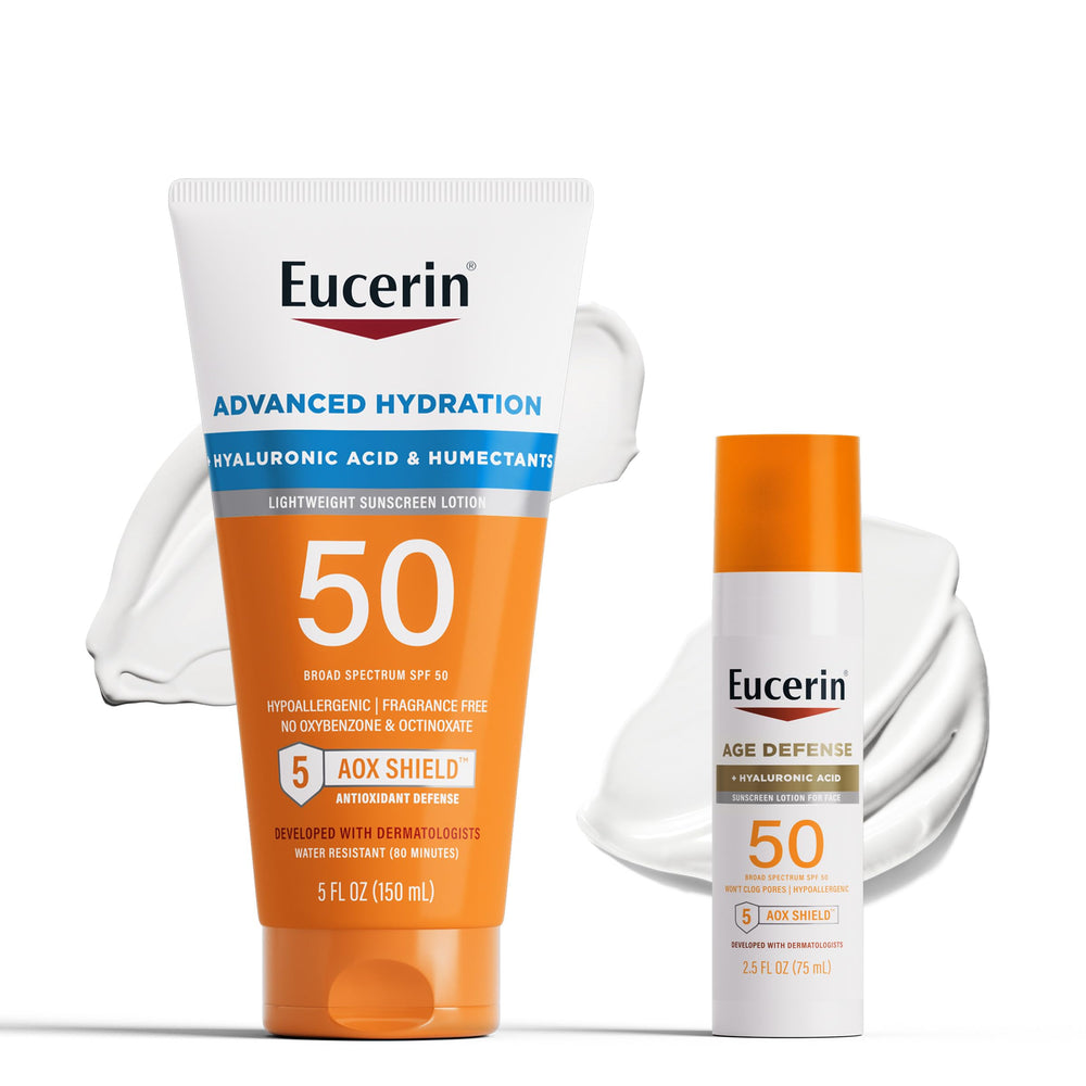 Eucerin front packaging showing both SPF 50 sunscreens for clear protection