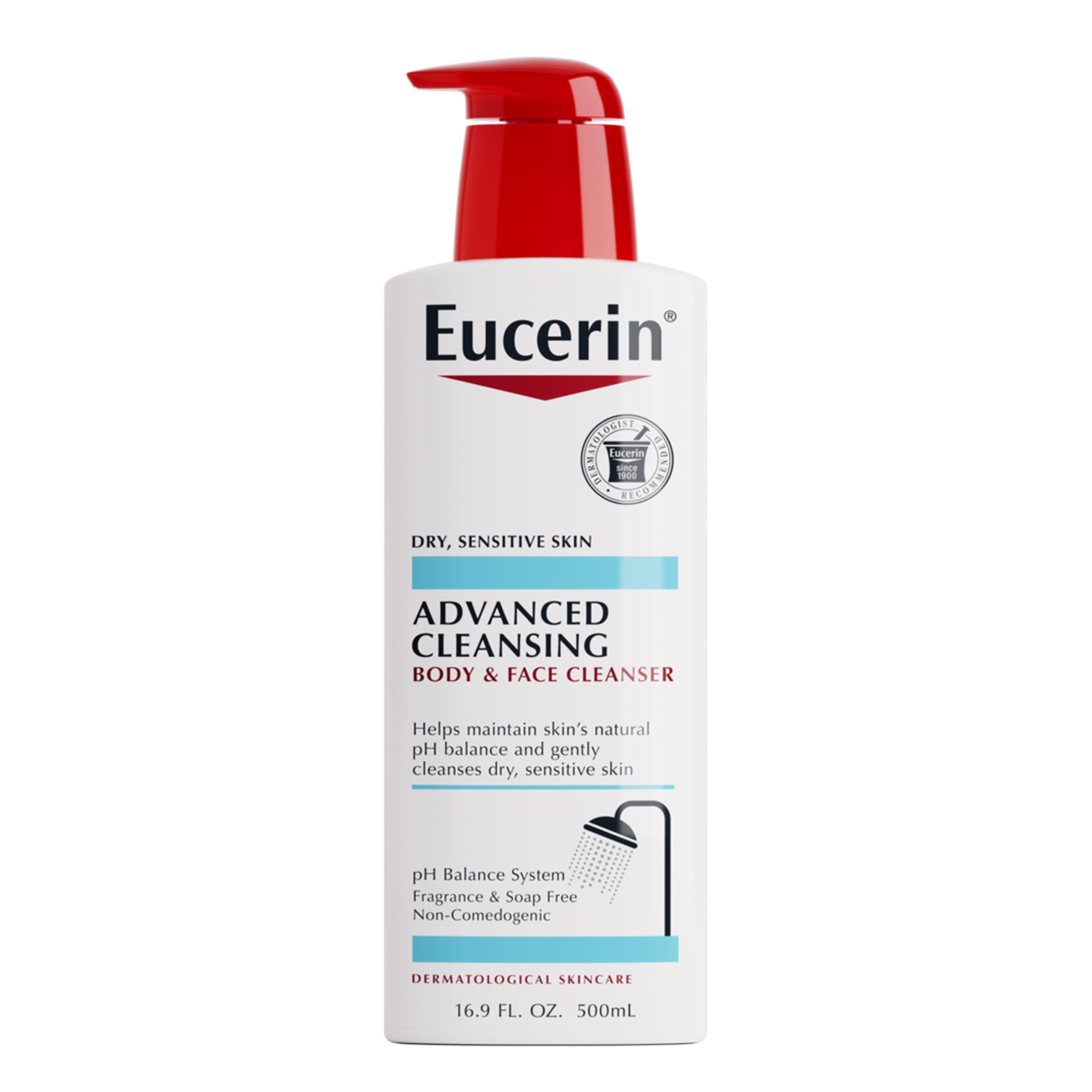 Eucerin bottle front packaging showing clean unscented label and gentle benefits
