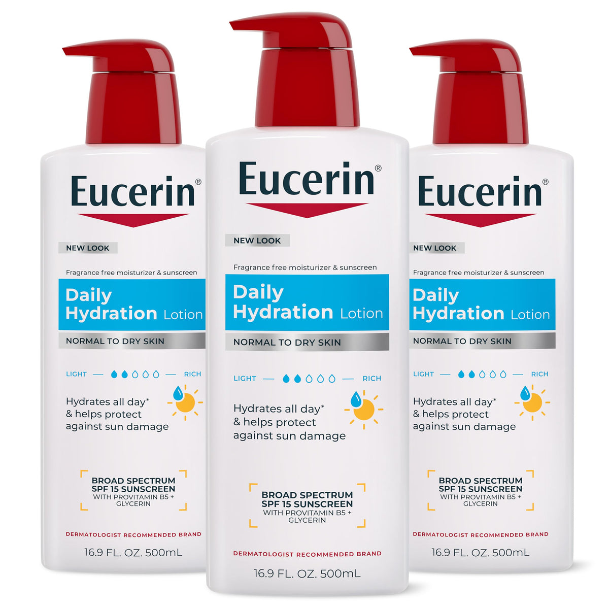 Eucerin front pump bottle showing size and pump for easy dispensing