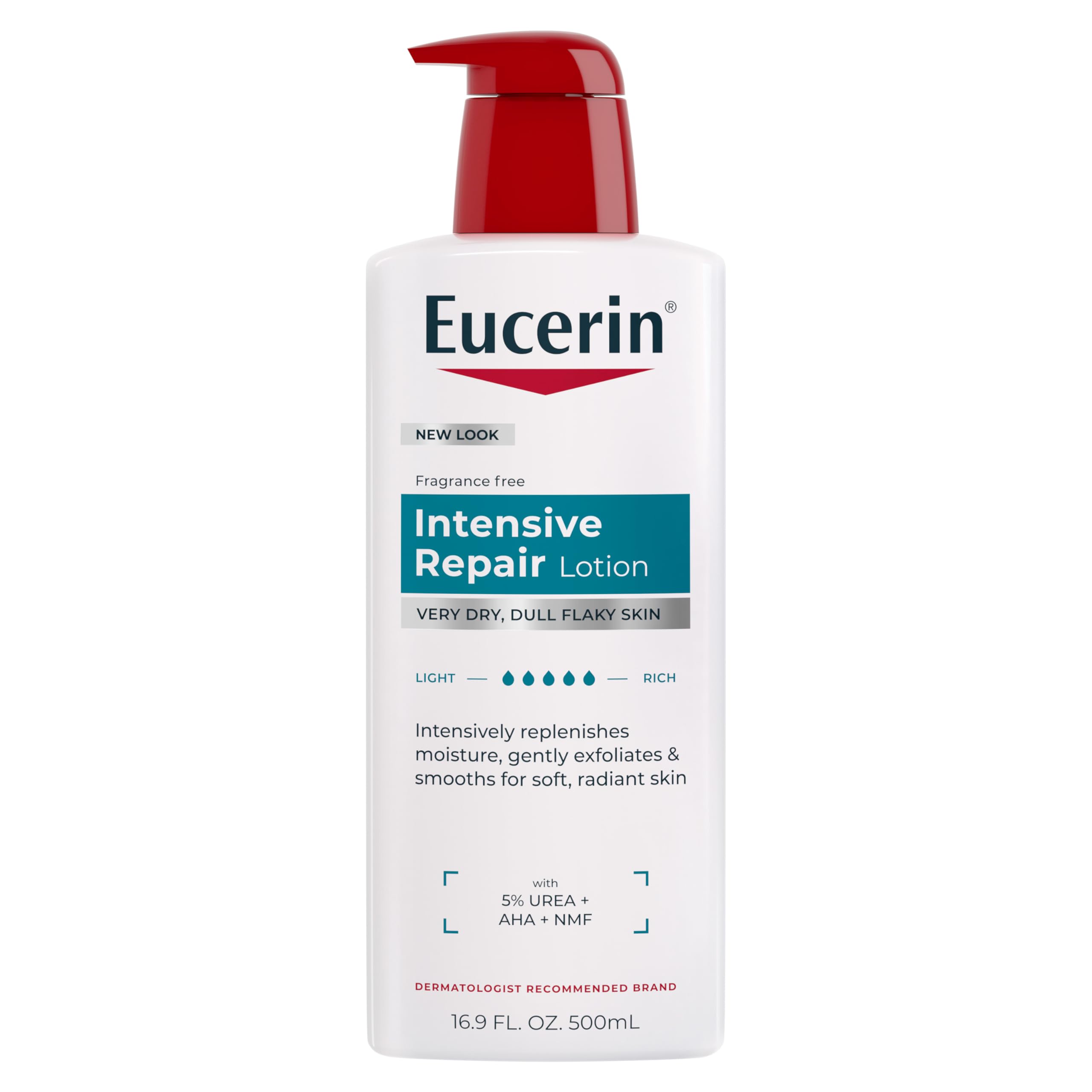 Eucerin pump bottle front view showing clean packaging and easy dispensing benefit