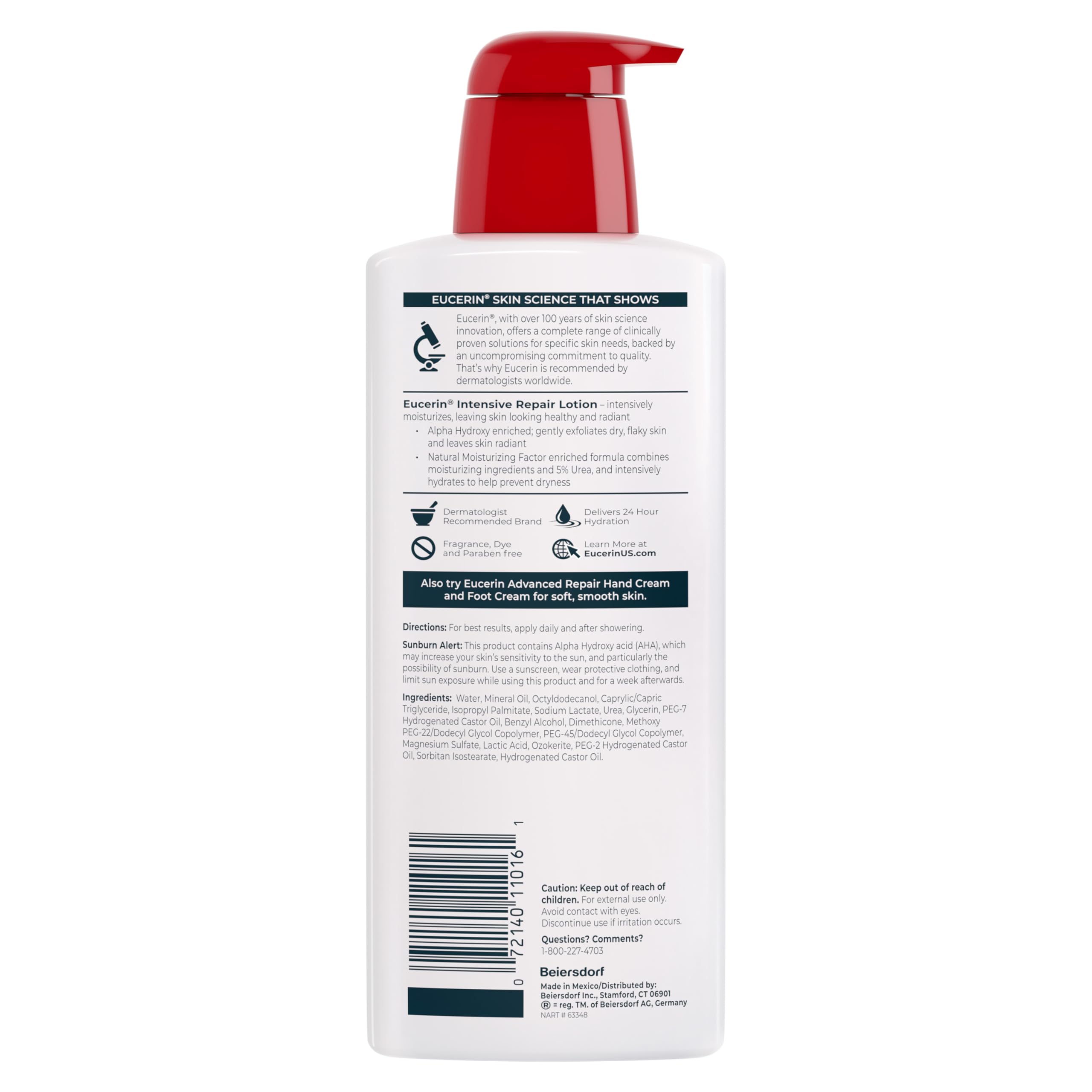 Close-up of Eucerin label and ingredient list showing transparent formulation benefit