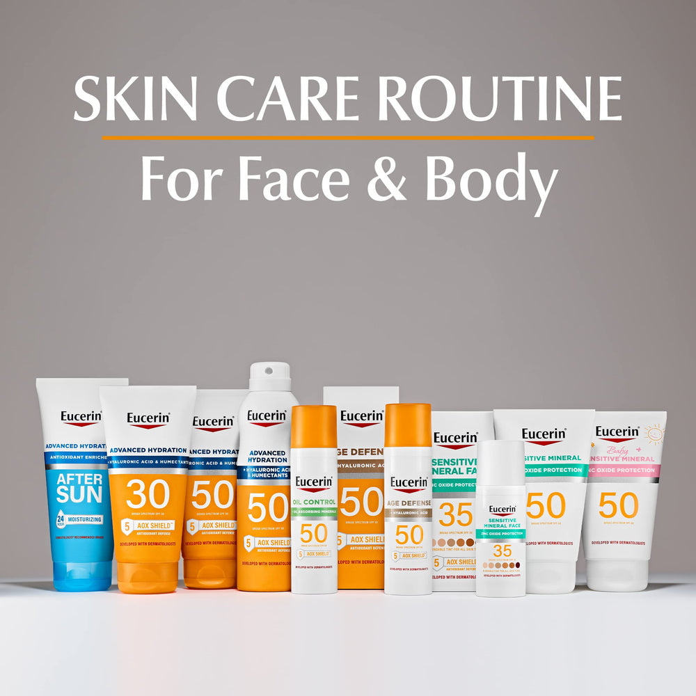 Eucerin sunscreens in a beach bag showing daily outdoor protection convenience