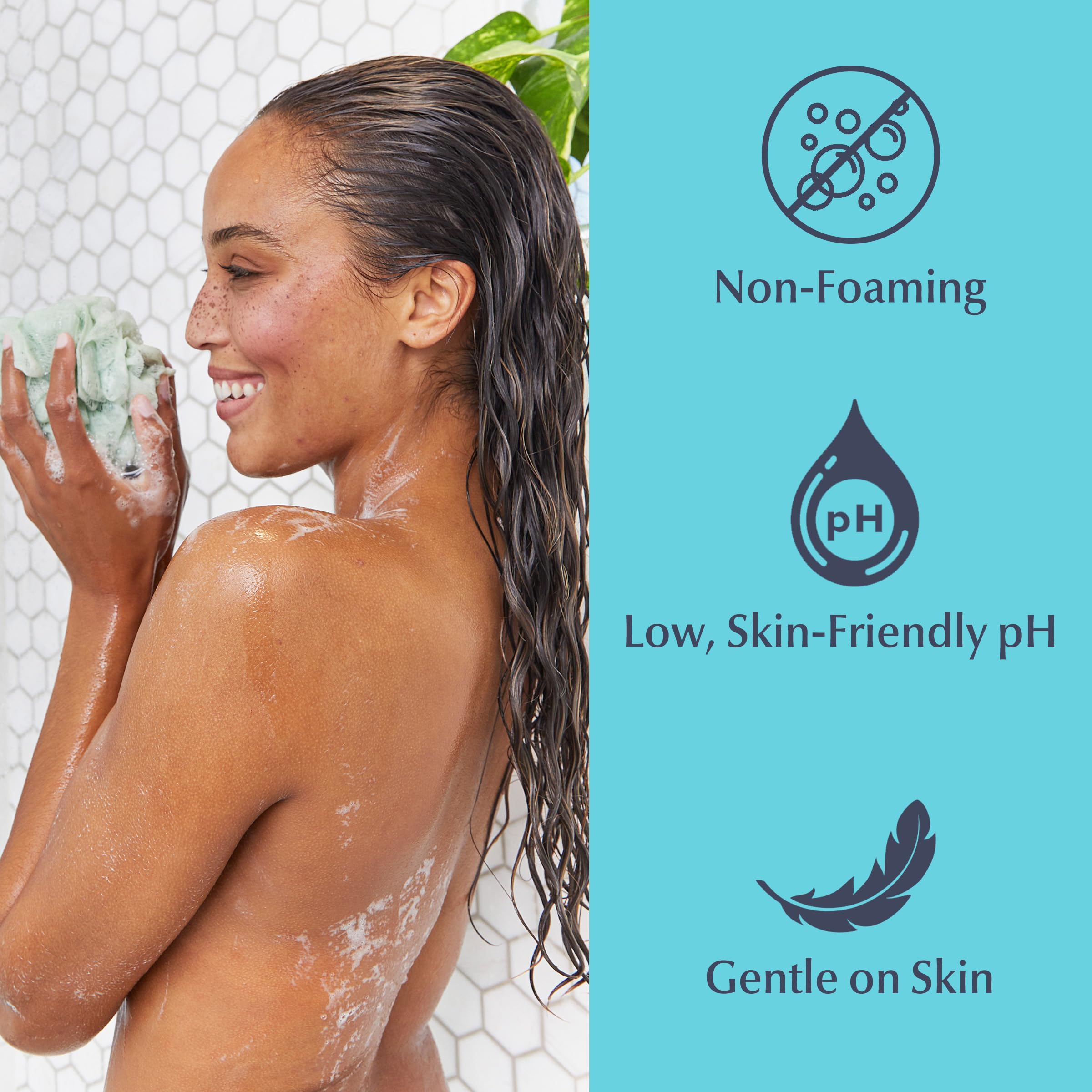 Eucerin bottle in a shower environment showing everyday routine suitability