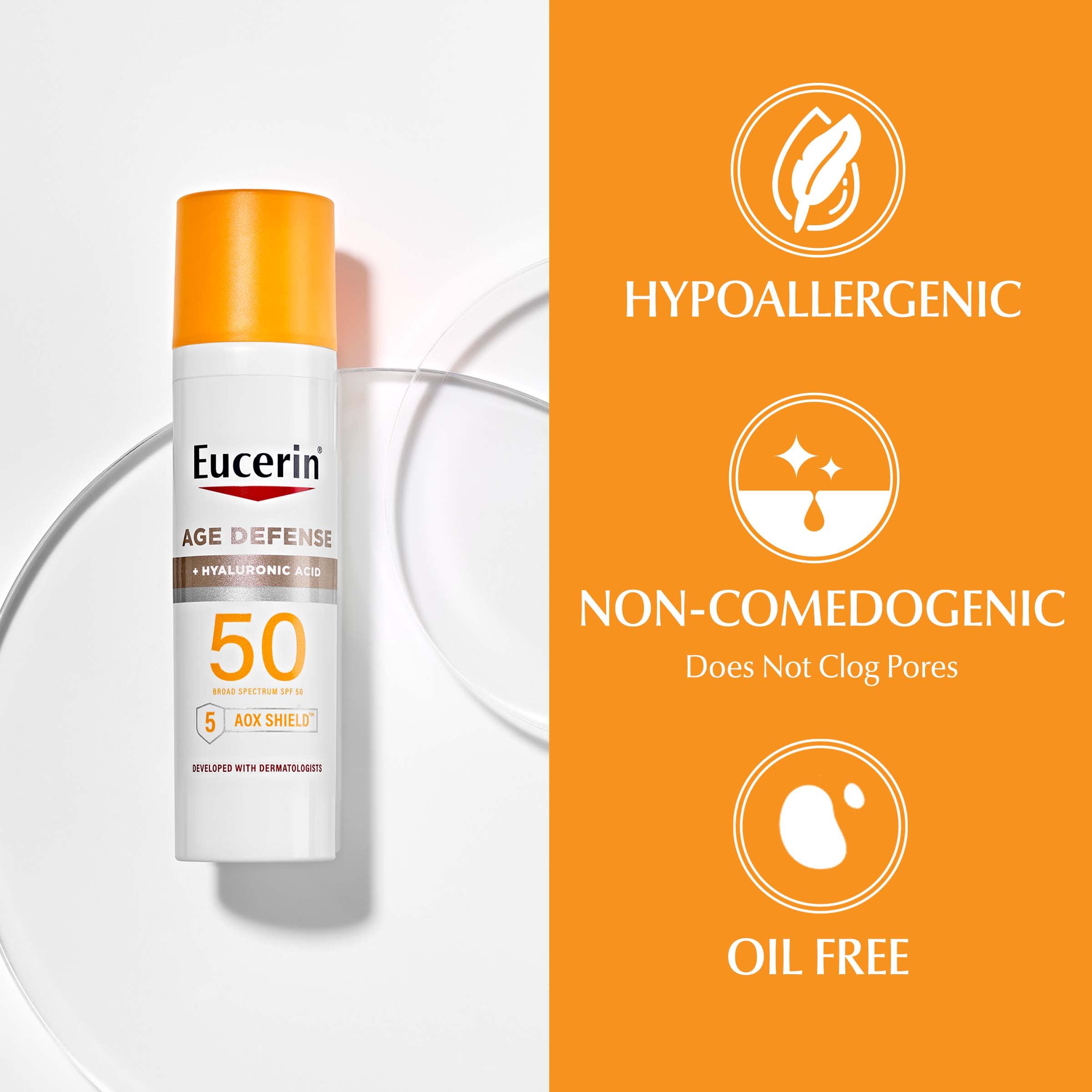 Eucerin bottles held in hand showing compact travel-friendly sizes