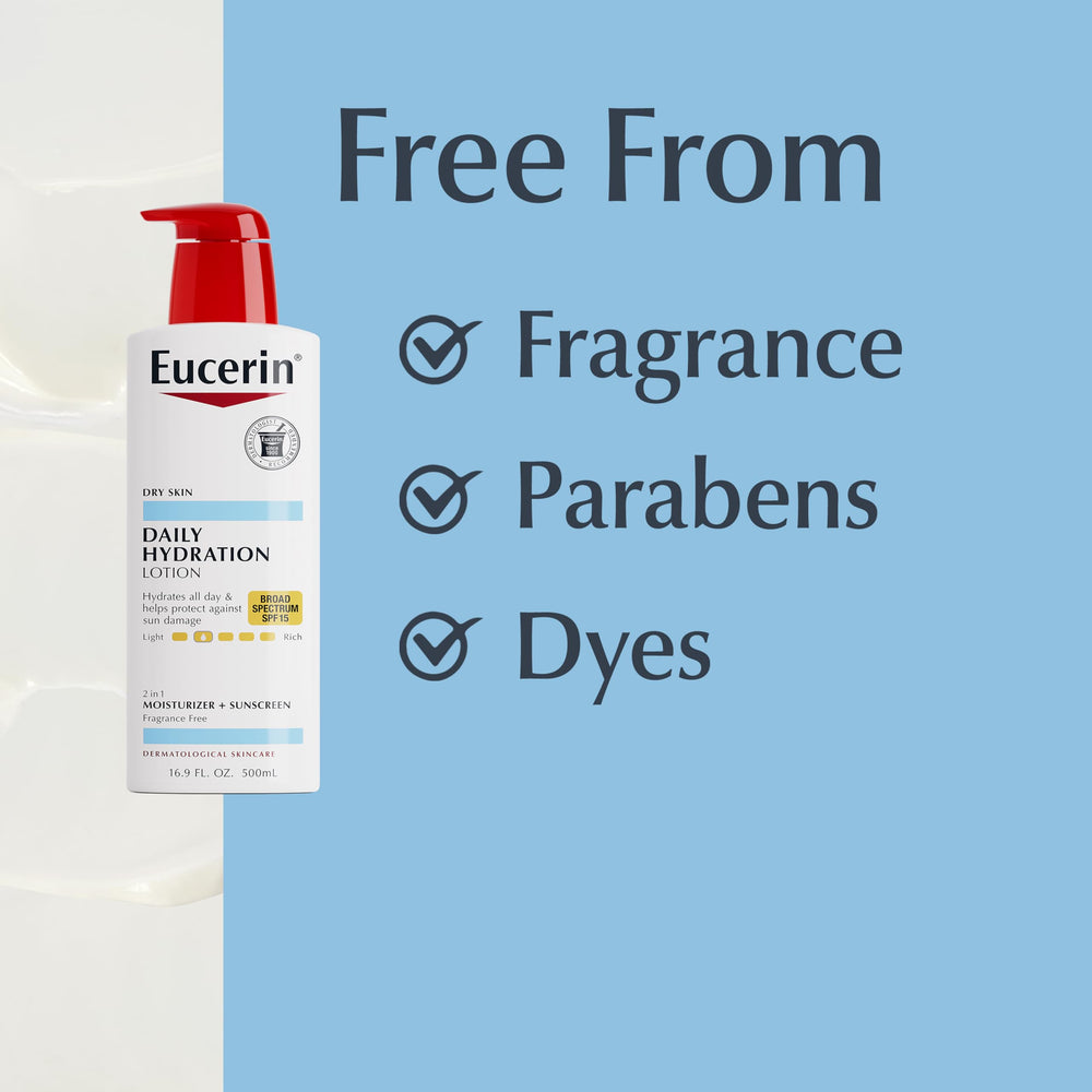 Eucerin bottle next to hand for scale to show large 16.9 fl oz capacity