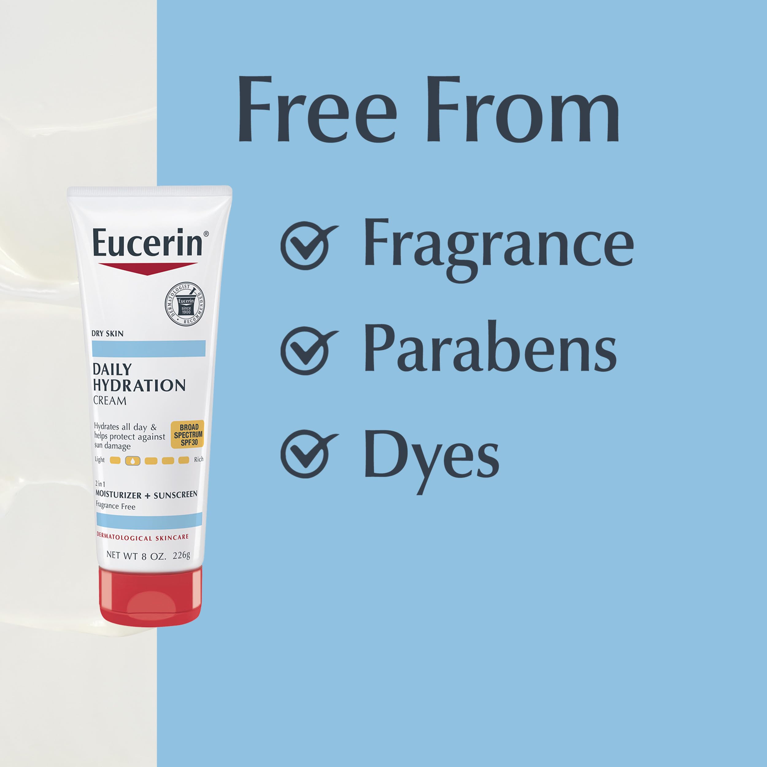 Eucerin tube cap detail showing easy-open dispensing for daily use
