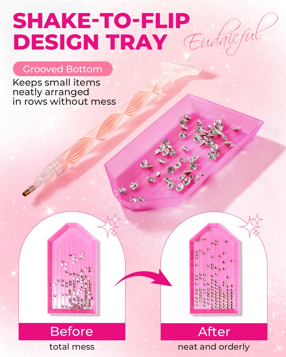 Eudaicful adhesive clay detail illustrating reusable sticky pick-up benefit