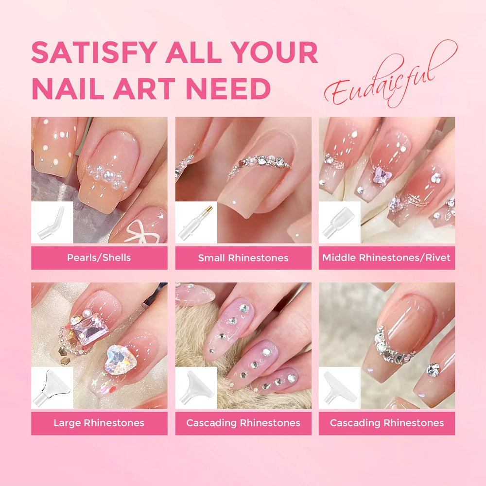 Eudaicful tool in use placing rhinestones on a nail for precise, tidy embellishment