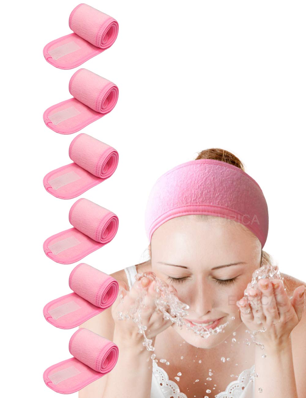 EUICAE front view of six pink headbands showing neat packaging and hygiene benefit