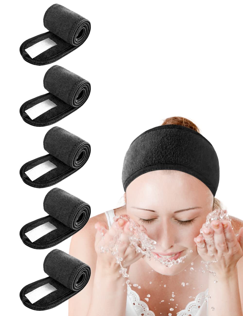 EUICAE spa headband front view showing sleek black design and full forehead coverage for neat hair