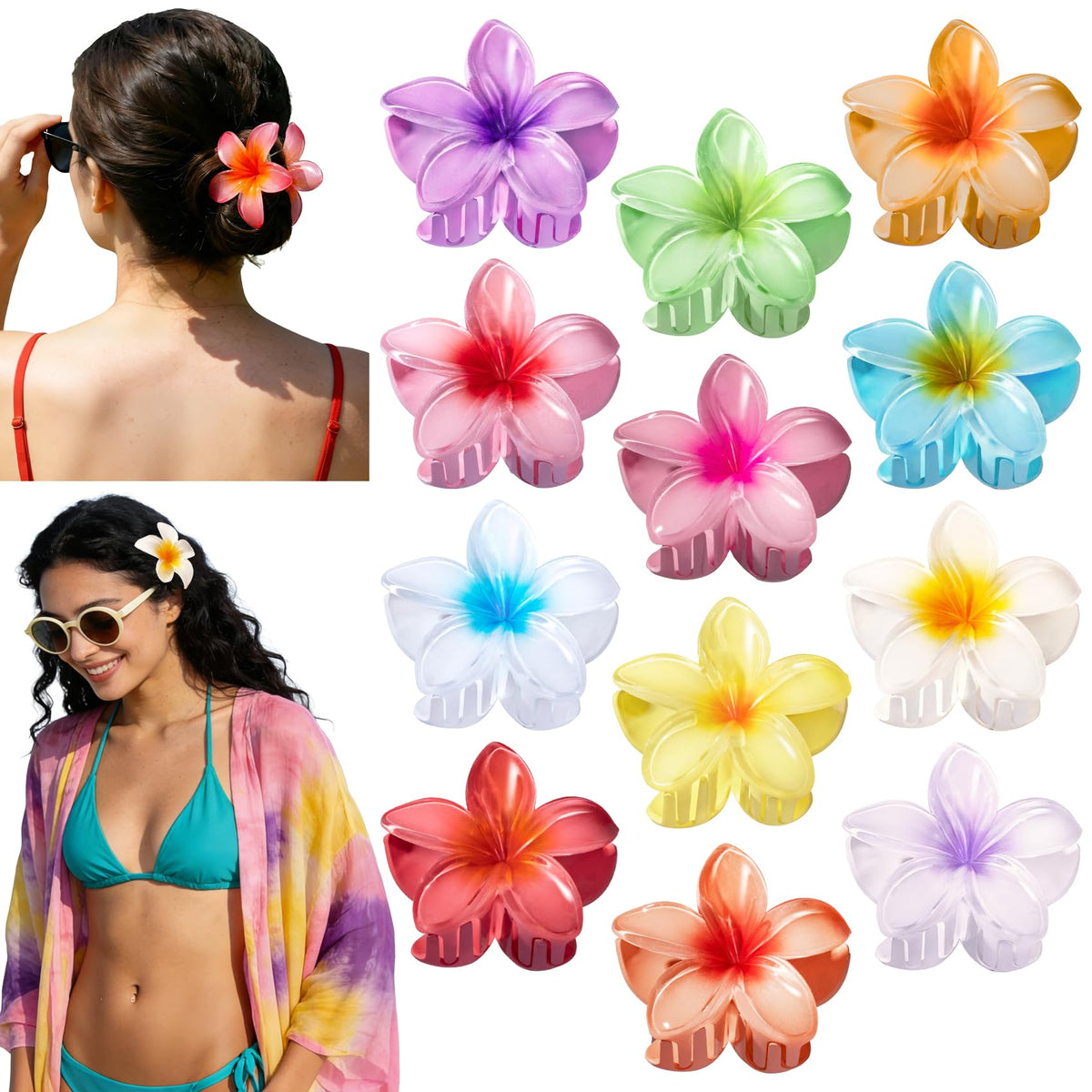 Eunhdet front packaging showing twelve colorful plumeria clips and benefits
