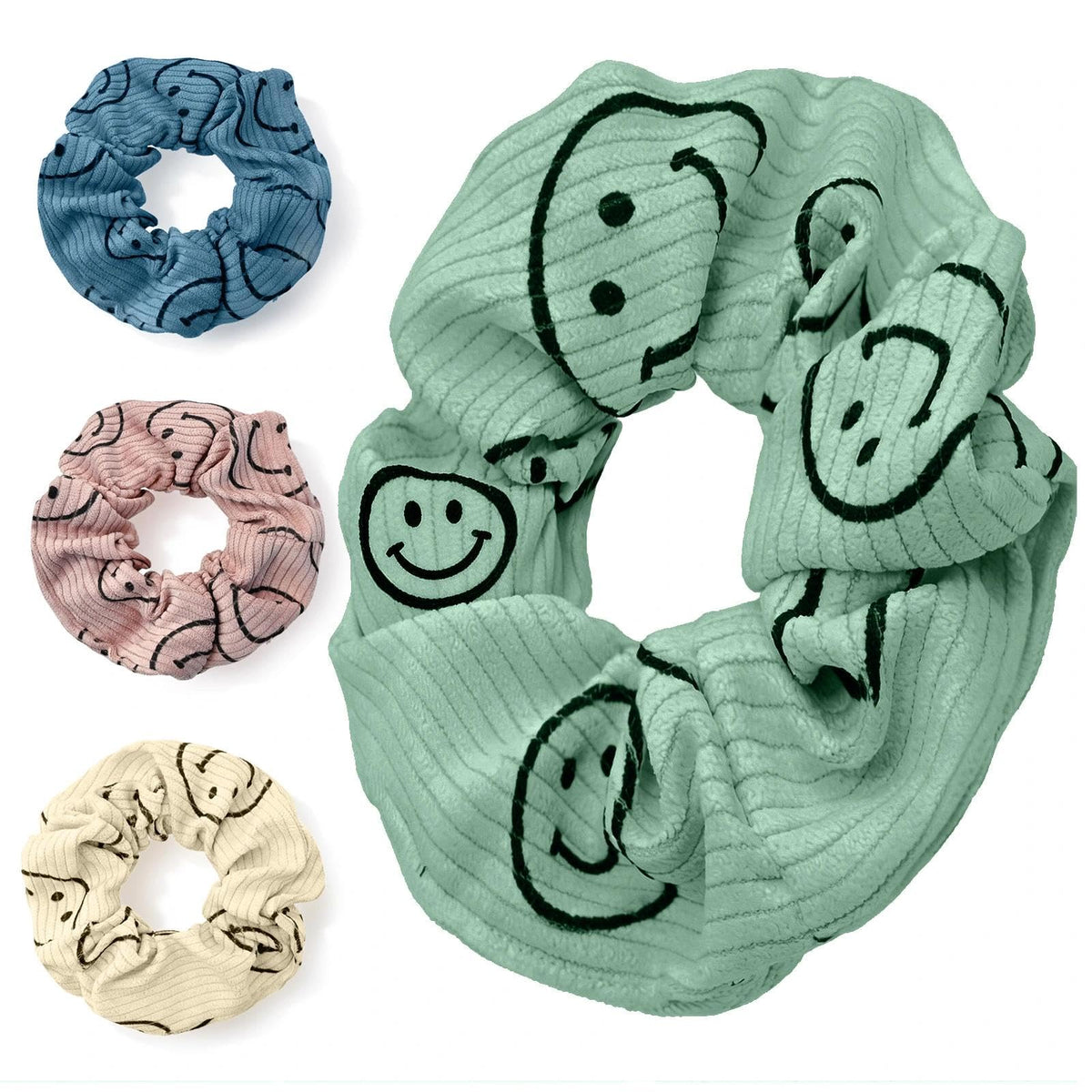 Eunoir front view of four happy face scrunchies showing colors and packaging benefit