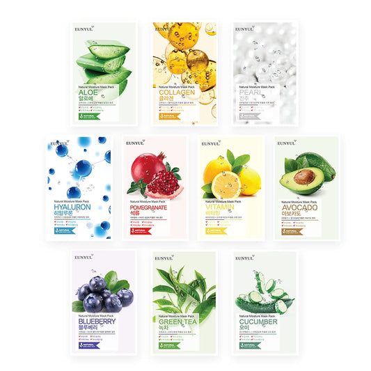 EUNYUL pack front showing ten mask varieties and benefits