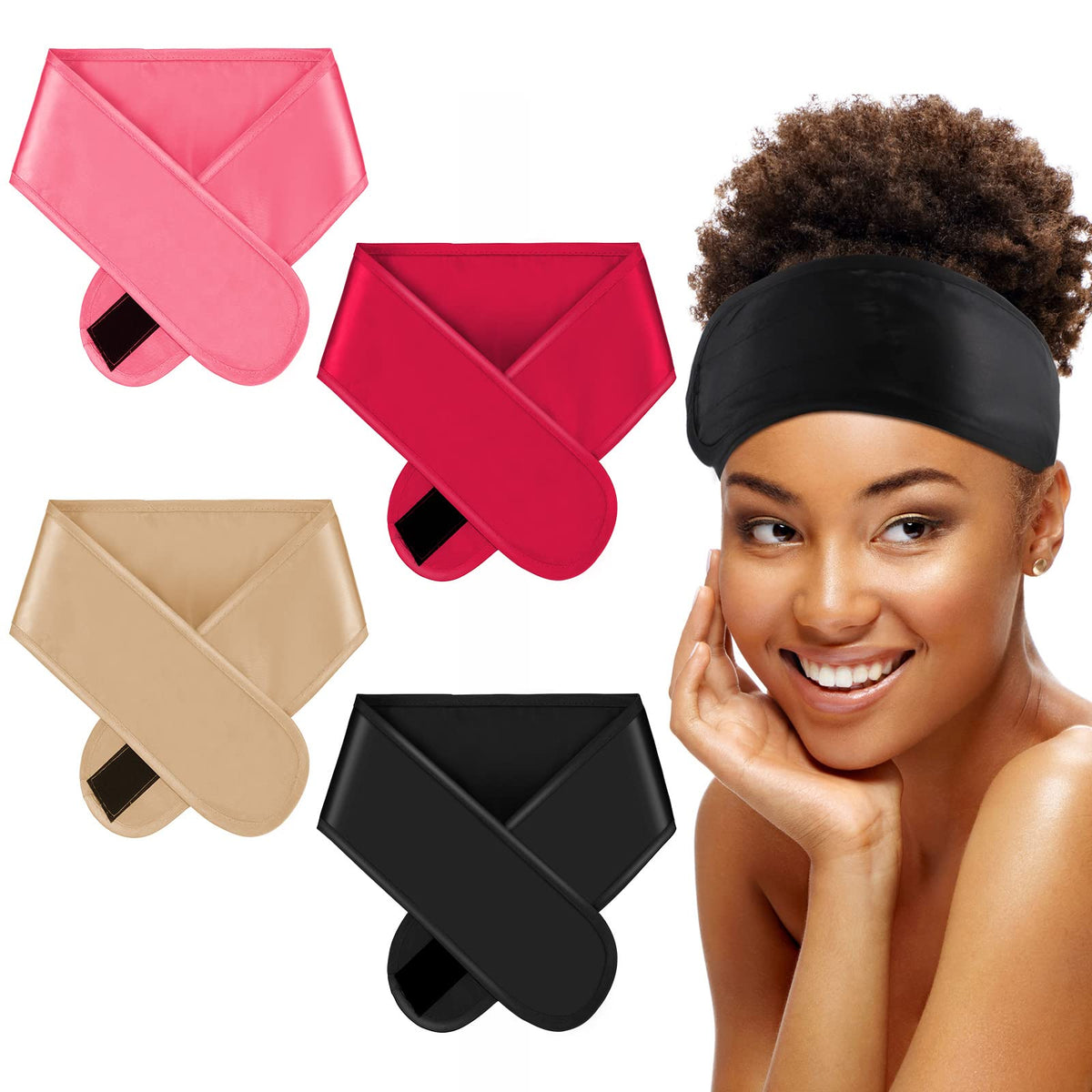 Eurzom front view of four satin hair wraps showing colors and neat packaging, protective benefit