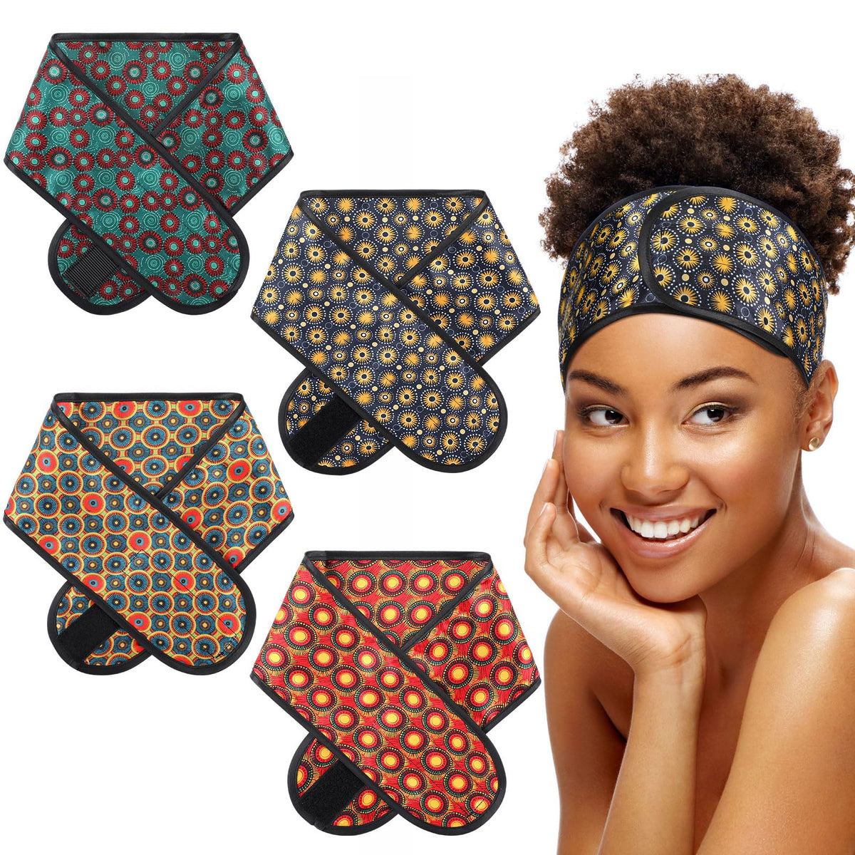 Eurzom front packaging view showing four colorful satin hair wraps and benefits