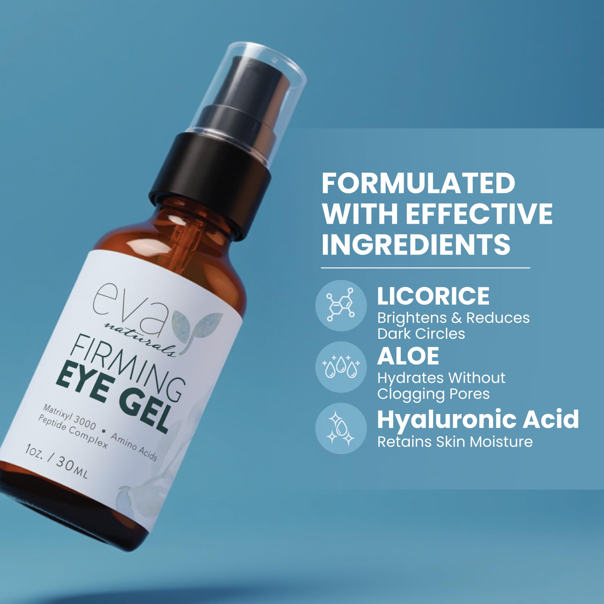Eva Naturals ingredients laydown featuring peptides and botanicals for brightening