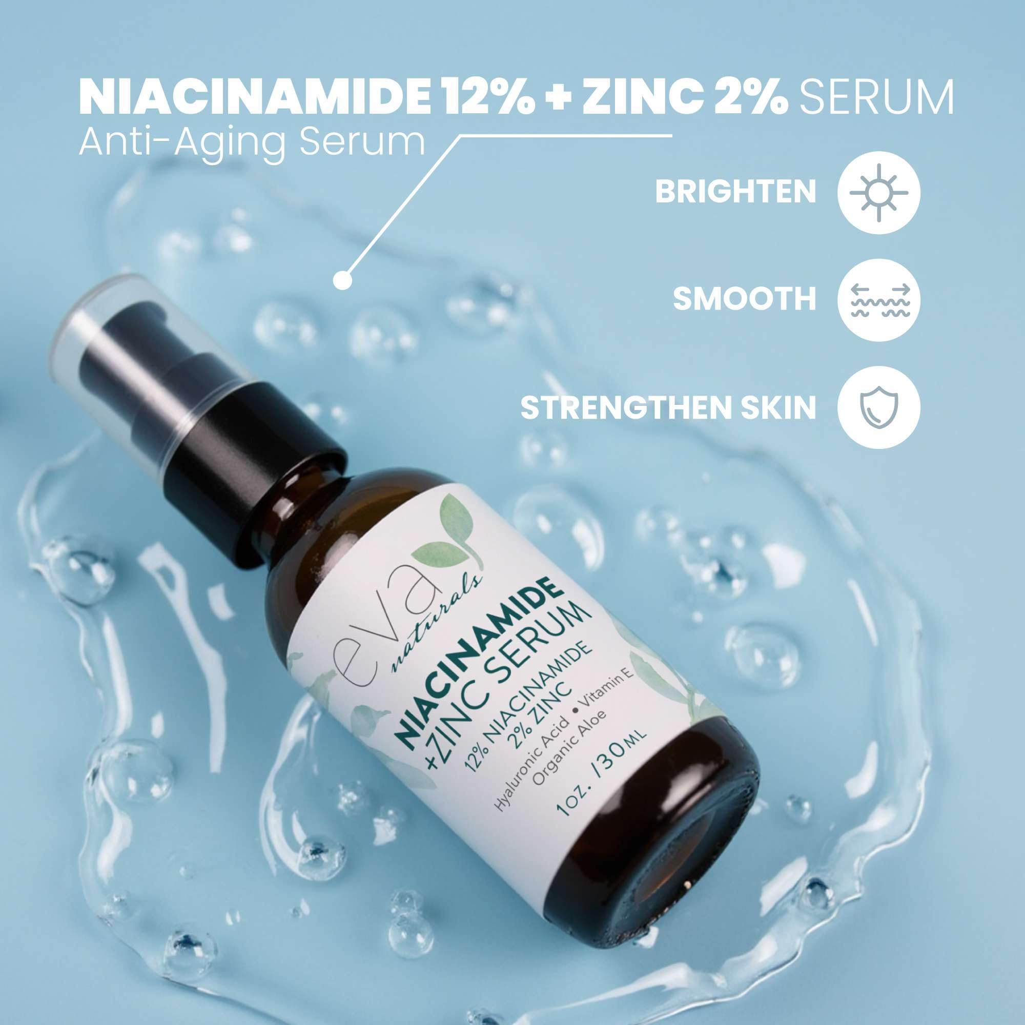 Eva Naturals dropper dispensing clear serum demonstrating precise, hygienic application