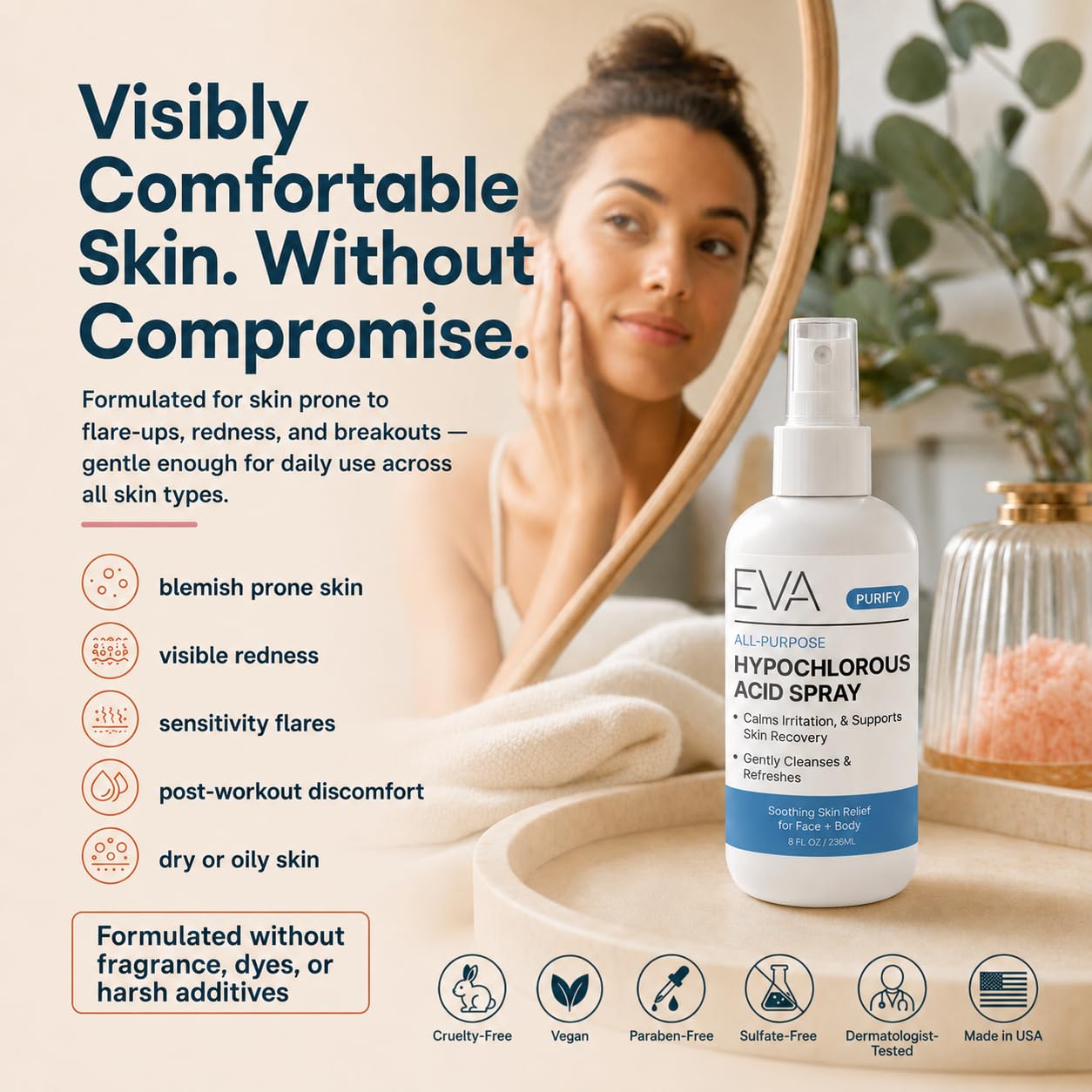 Eva Naturals mist droplets on skin close-up, fast-absorbing feel