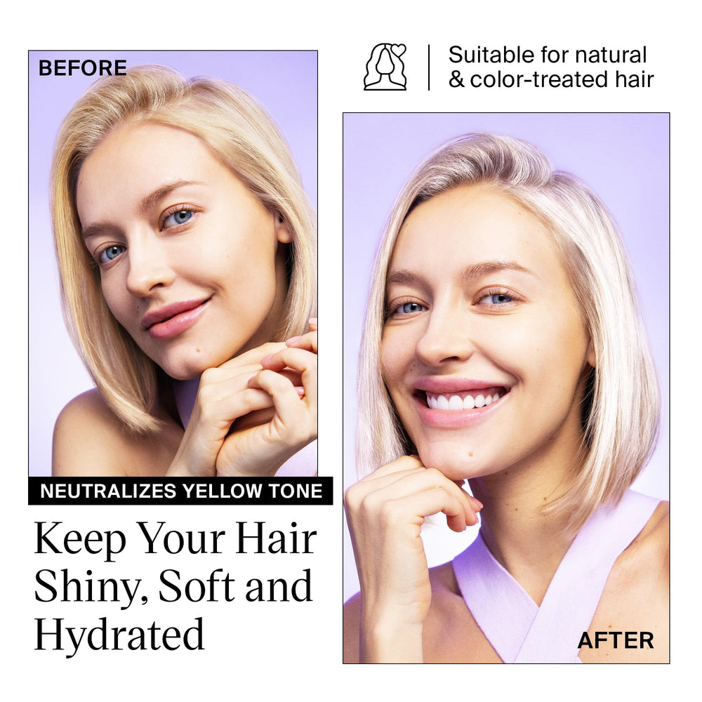 Product applied along a blonde hair strand to show brass tone reduction and added shine