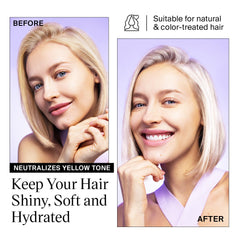 Product applied along a blonde hair strand to show brass tone reduction and added shine