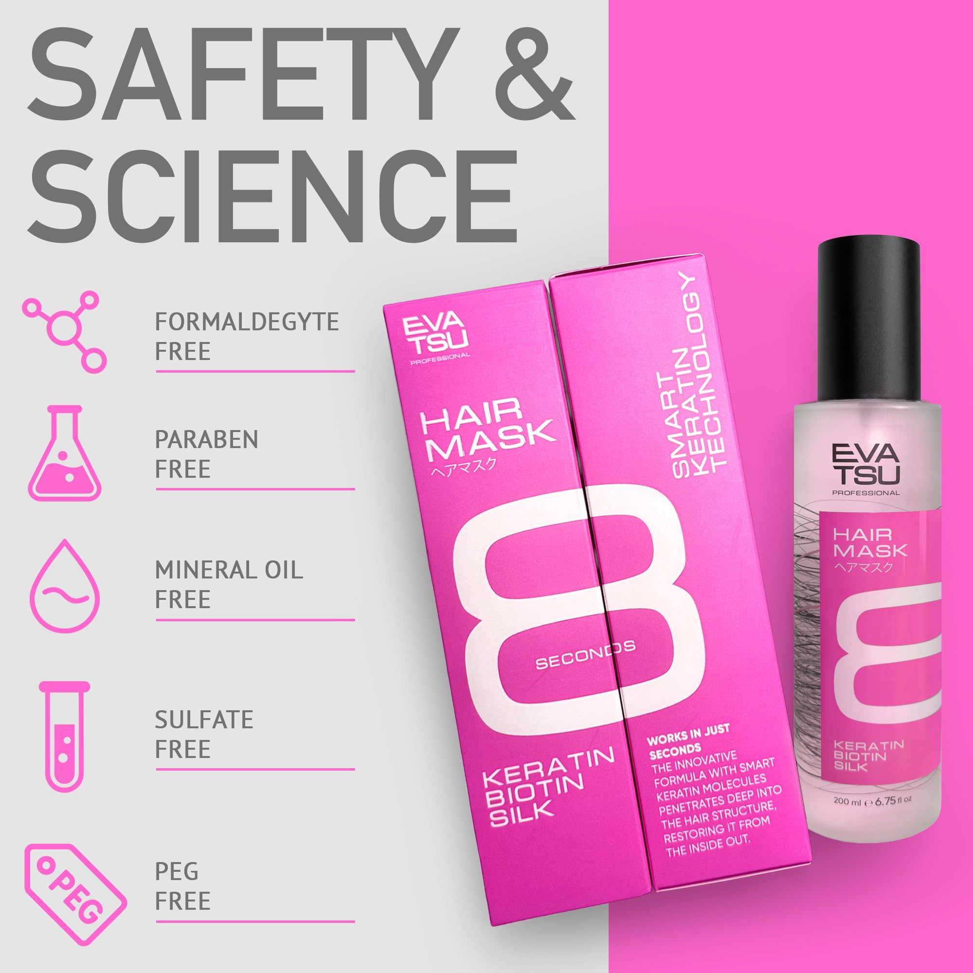 EVATSU before and after comparison showing reduced frizz and shine benefit