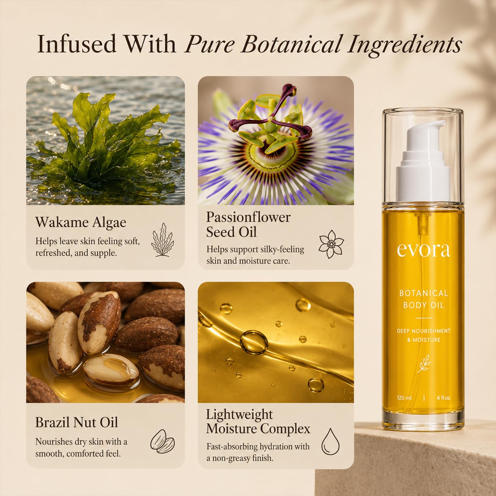 EveLabs Evora oil drop on skin showing fast absorption and silky finish