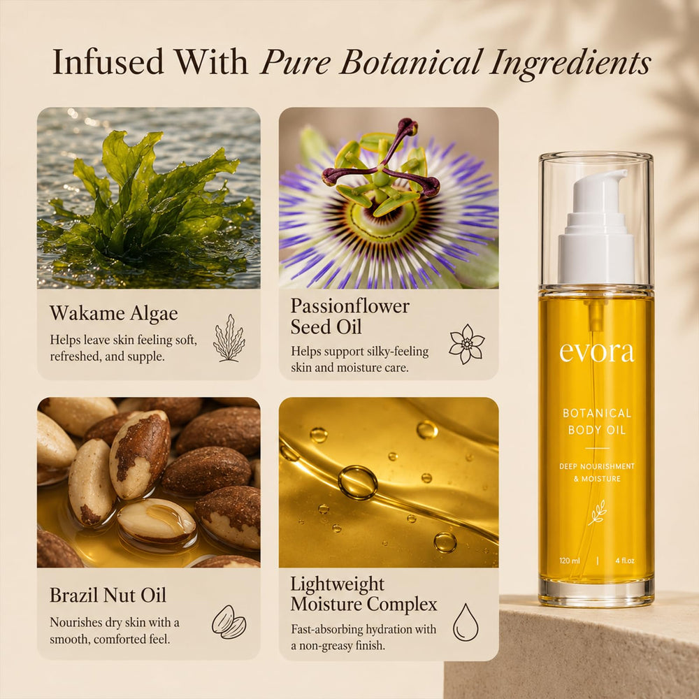 EveLabs Evora oil drop on skin showing fast absorption and silky finish