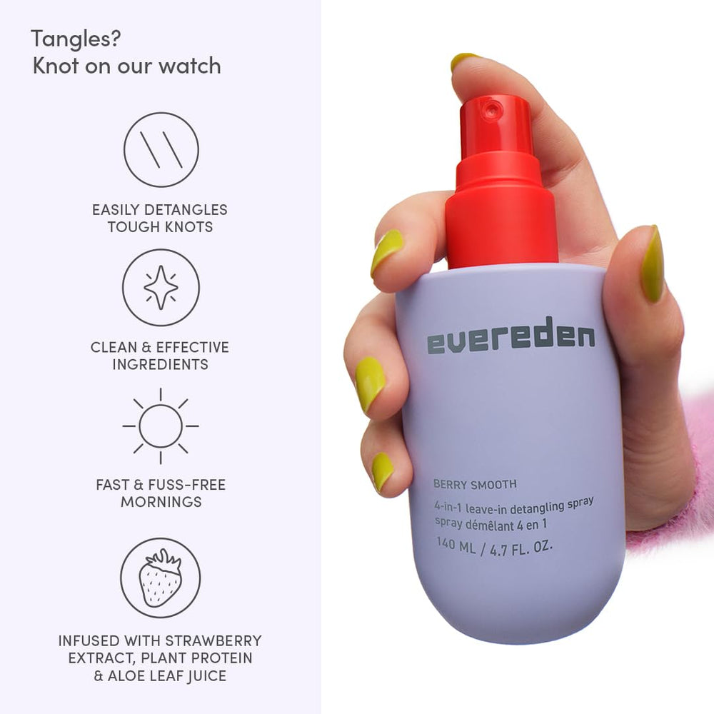 Child using Evereden detangler spray while parent gently combs hair, reduces tangles